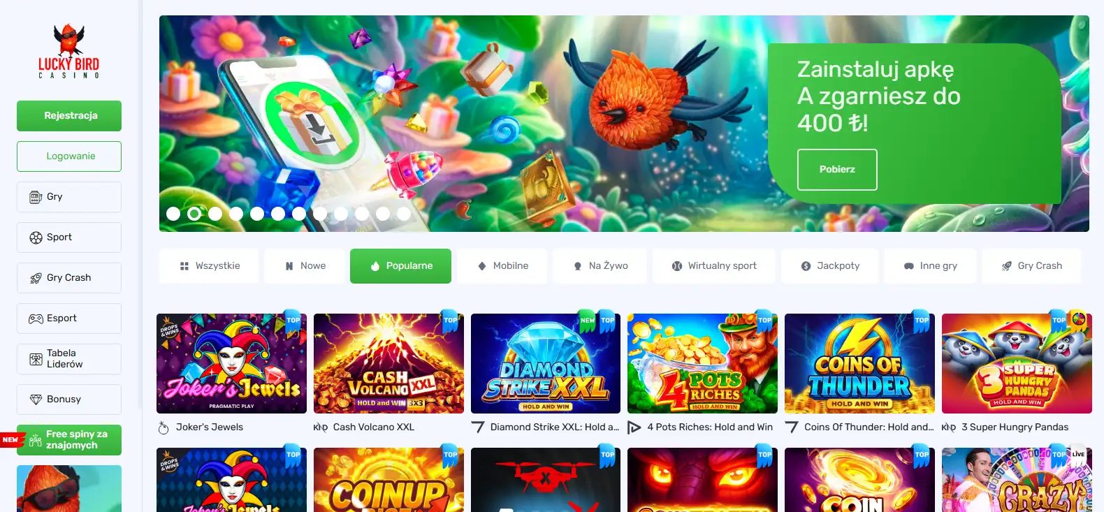 Interfejs Lucky Bird Casino z nawigacją i lobby