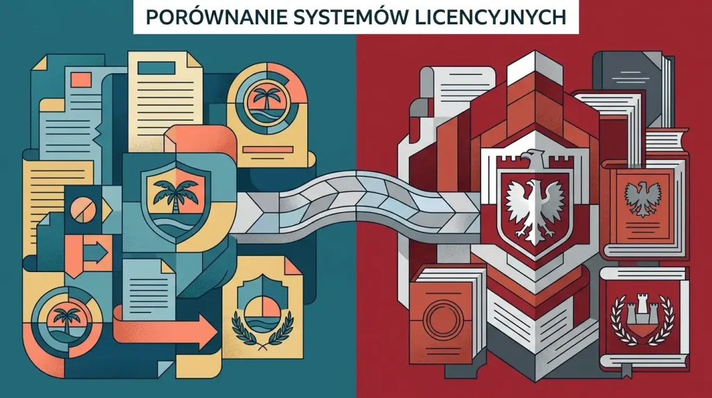 Diagram porównujący licencję Curaçao Lucky Bird z polskim zezwoleniem lokalnym