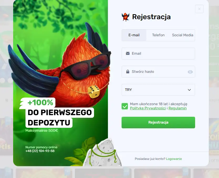 Formularz rejestracji Lucky Bird