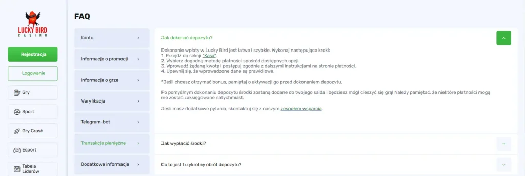 Kasjer Lucky Bird z dostępnymi metodami wpłaty