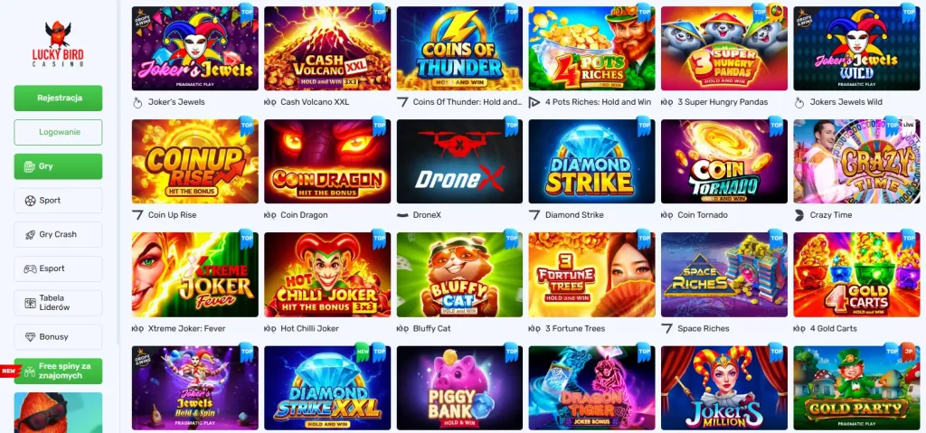 Lobby gier Lucky Bird z kategoriami i kartami tytułów