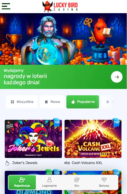 Mobilny interfejs Lucky Bird z nawigacją i dostępem do konta