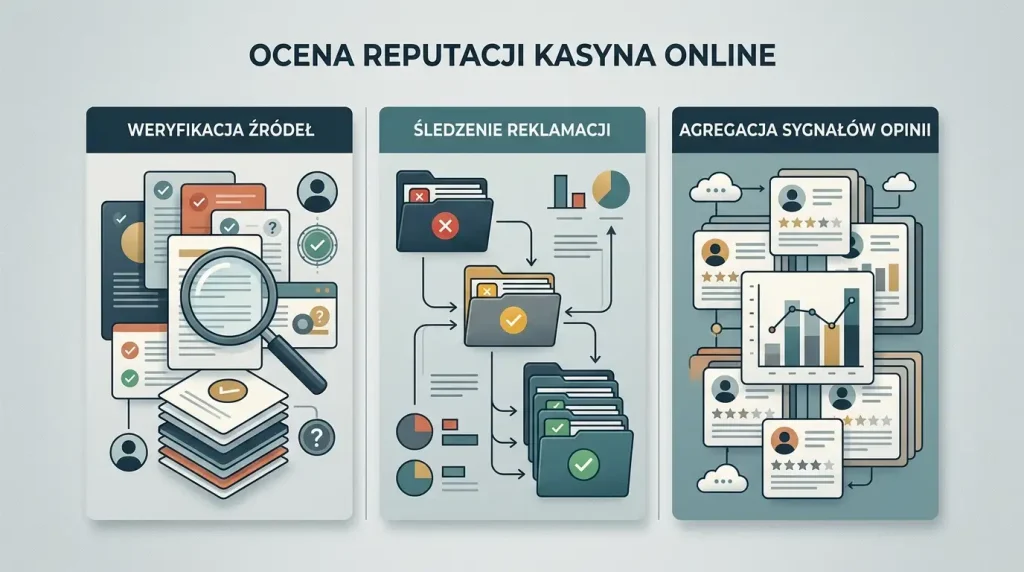Neutralny diagram pokazujący źródła reputacji kasyna, skargi i agregatory