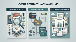 Neutralny diagram pokazujący źródła reputacji kasyna, skargi i agregatory