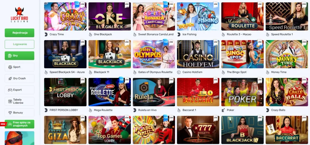 Sekcja Lucky Bird Live Casino z kategoriami stołów